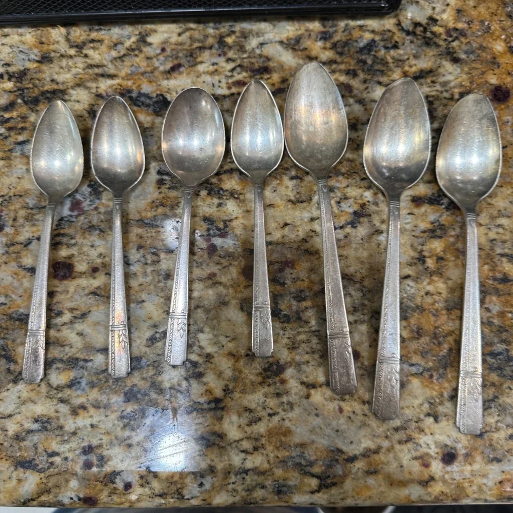 Vintage Simeon L & George H Rogers Silver Plate Spoons Set of 7 Art Deco Floral